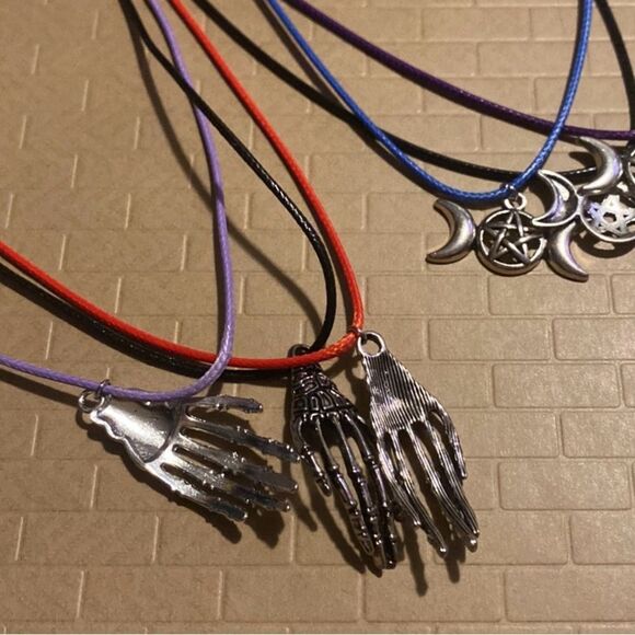 Creepy, Oversized Skeleton Hand Pendant, w/ Black Wax Cord Necklace - Picture 5 of 16